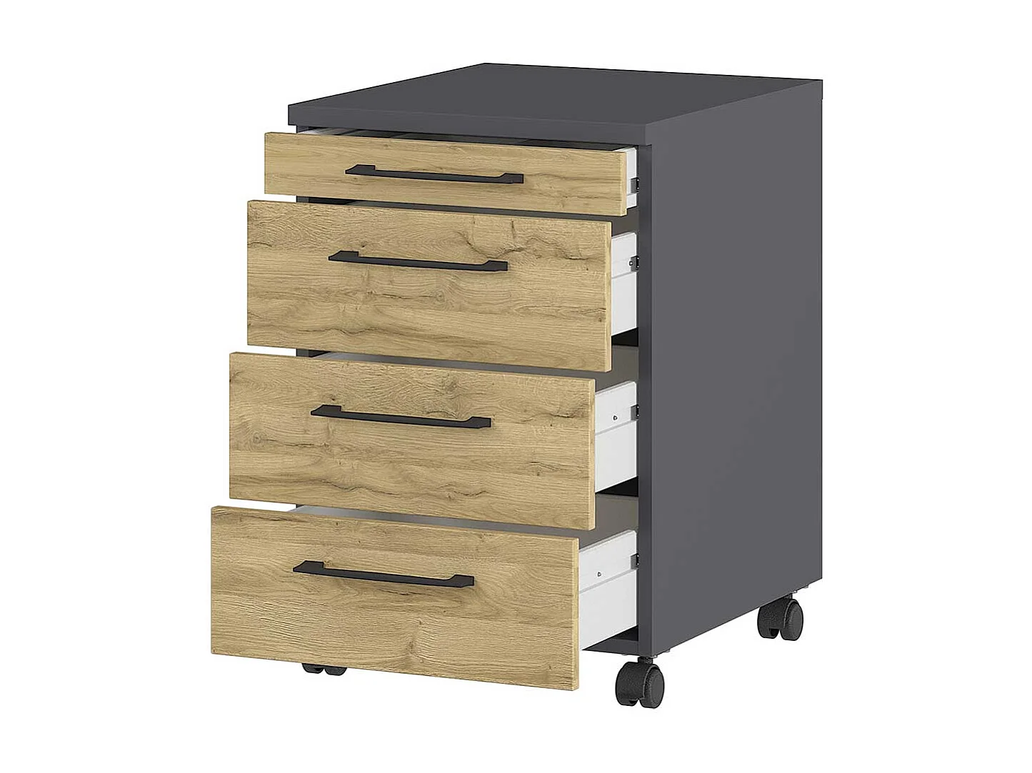 Rollcontainer in Wildeichefarben und Dunkelgrau vier Schubladen