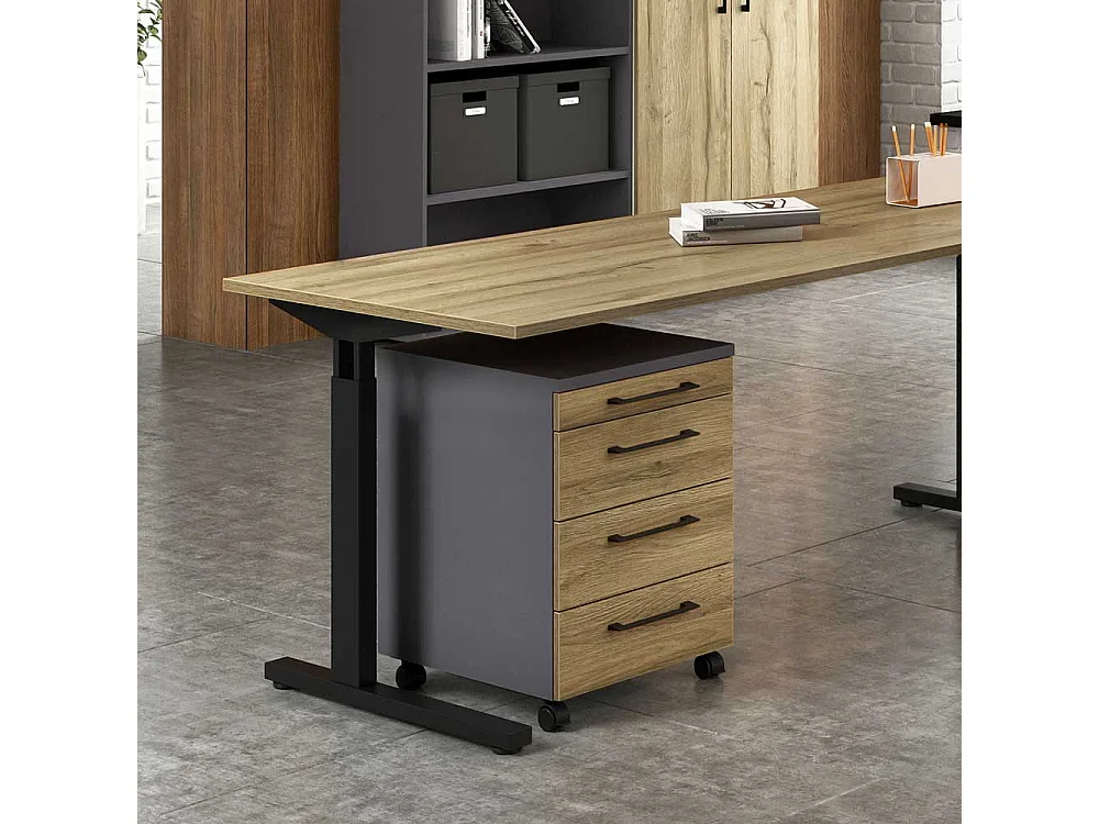 Rollcontainer in Wildeichefarben und Dunkelgrau vier Schubladen