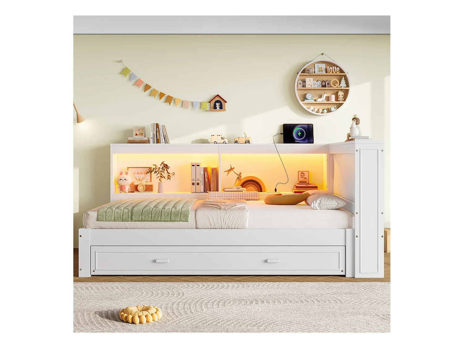 Divano letto bianco 90x200cm con letto estraibile 90x190cm, con LED, USB, Type-C e contenitore, senza materasso