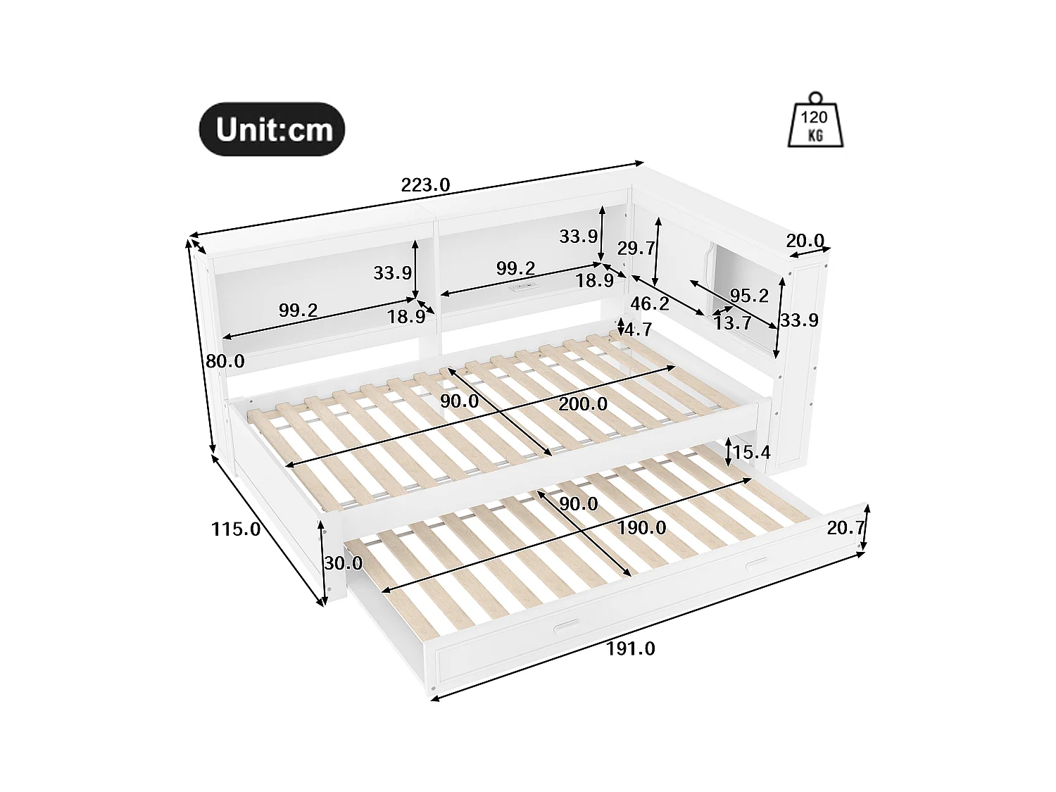 Divano letto bianco 90x200cm con letto estraibile 90x190cm, con LED, USB, Type-C e contenitore, senza materasso