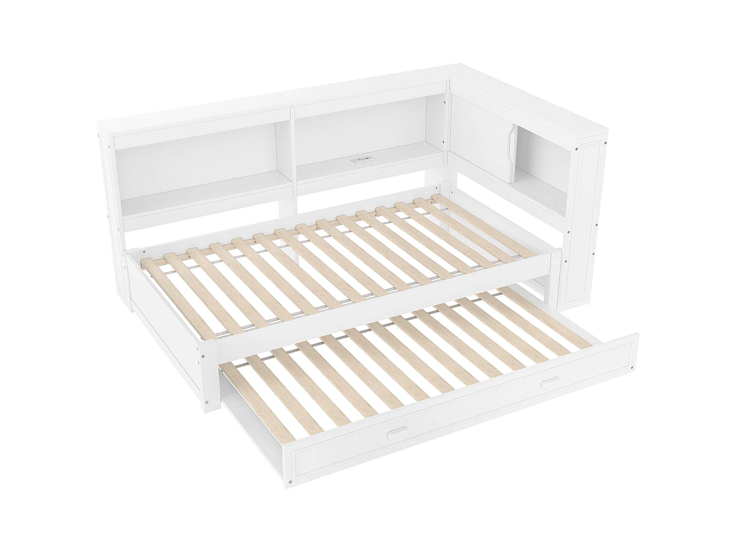 Lit banquette blanc 90x200cm avec lit gigogne 90x190cm, avec LED, USB ,Type-C et rangement, sans matelas