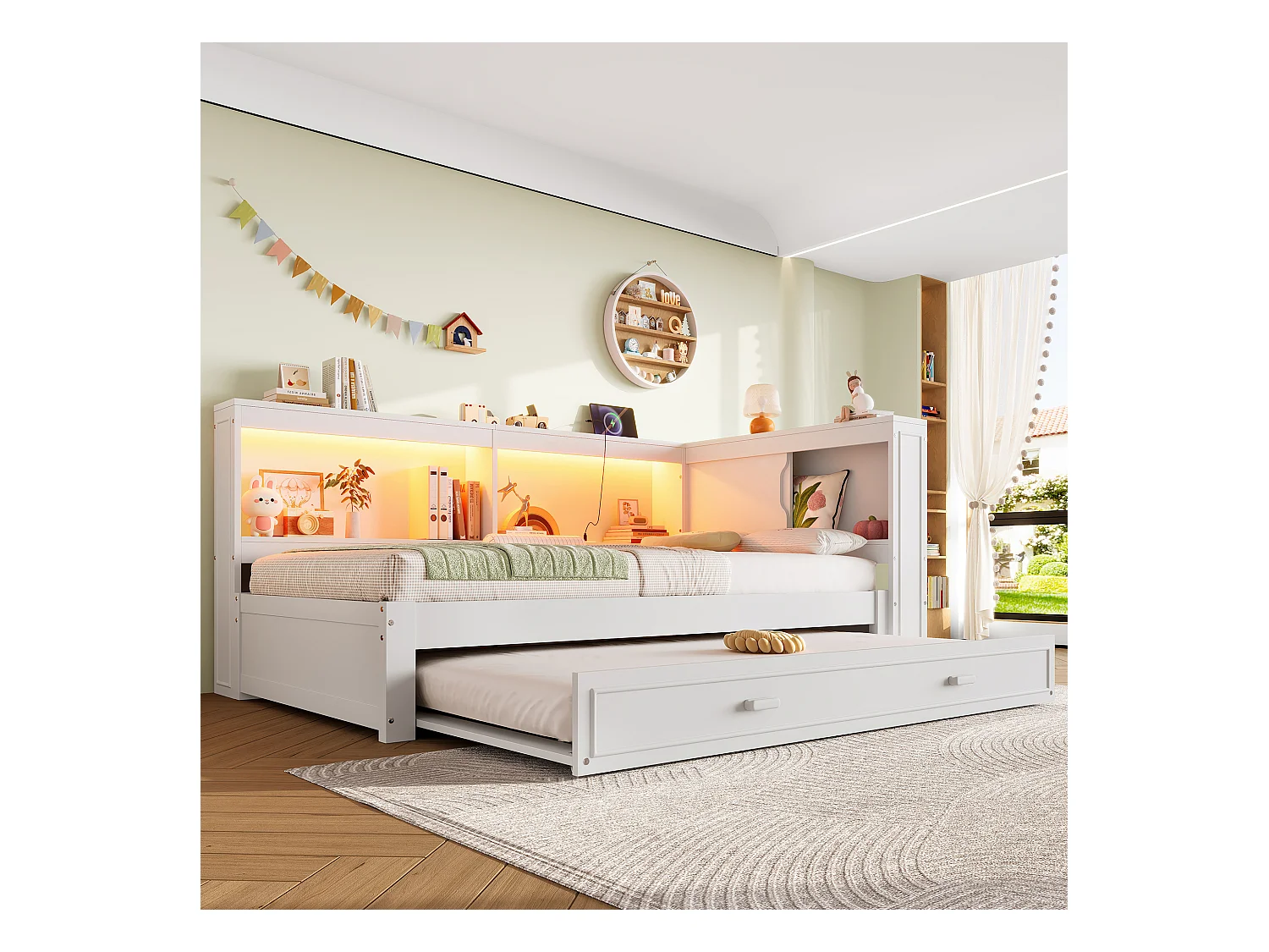 Lit banquette blanc 90x200cm avec lit gigogne 90x190cm, avec LED, USB ,Type-C et rangement, sans matelas