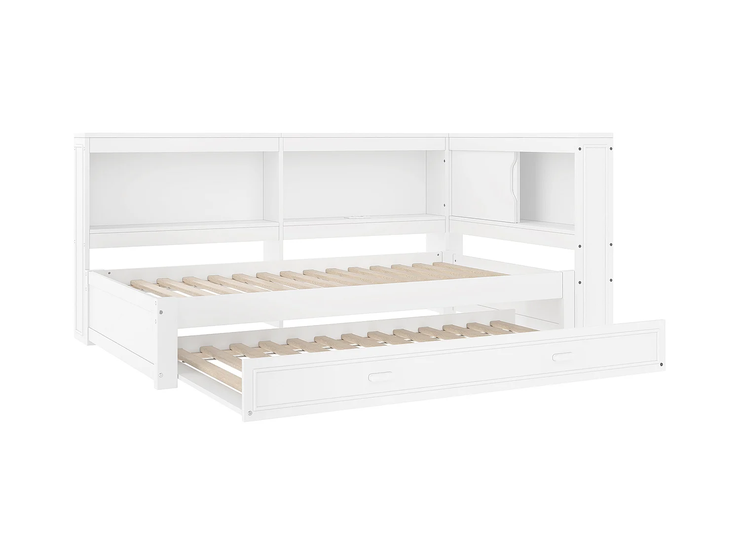 Lit banquette blanc 90x200cm avec lit gigogne 90x190cm, avec LED, USB ,Type-C et rangement, sans matelas