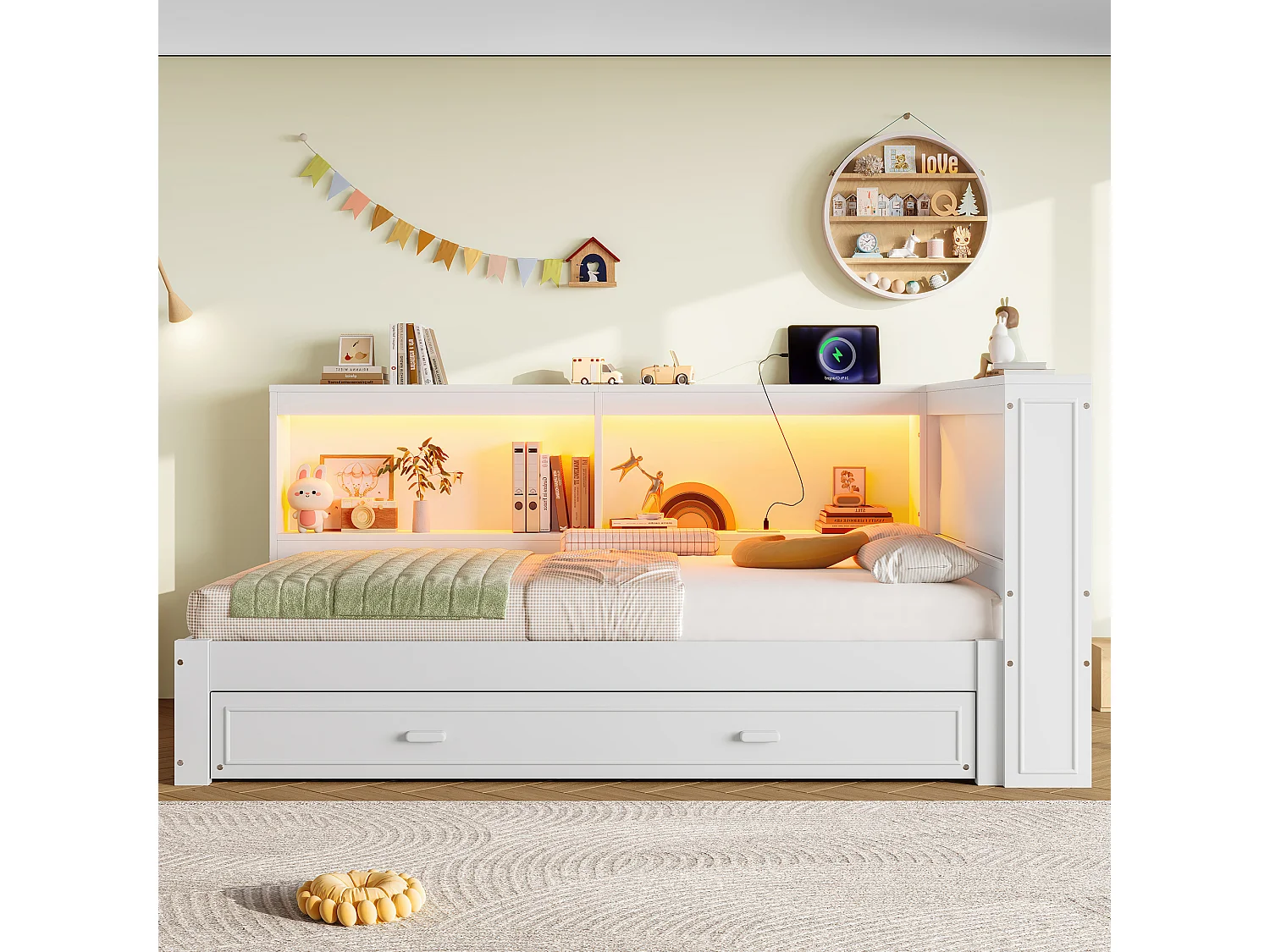 Lit banquette blanc 90x200cm avec lit gigogne 90x190cm, avec LED, USB ,Type-C et rangement, sans matelas