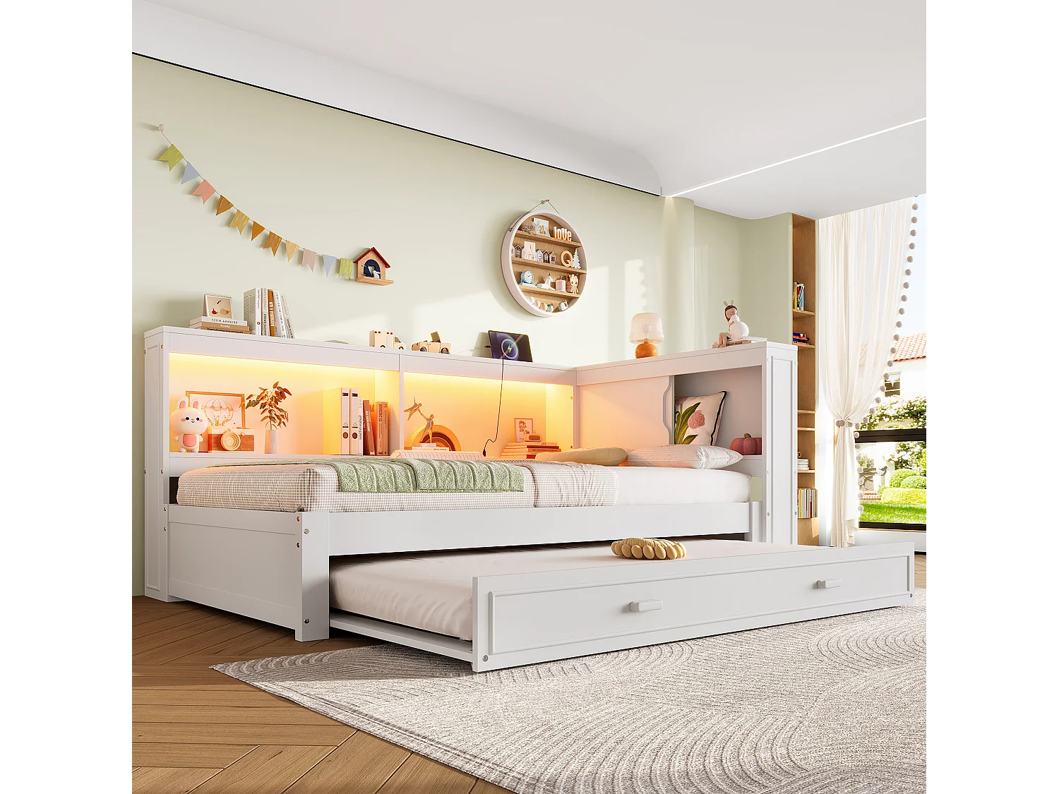 Lit banquette blanc 90x200cm avec lit gigogne 90x190cm, avec LED, USB ,Type-C et rangement, sans matelas