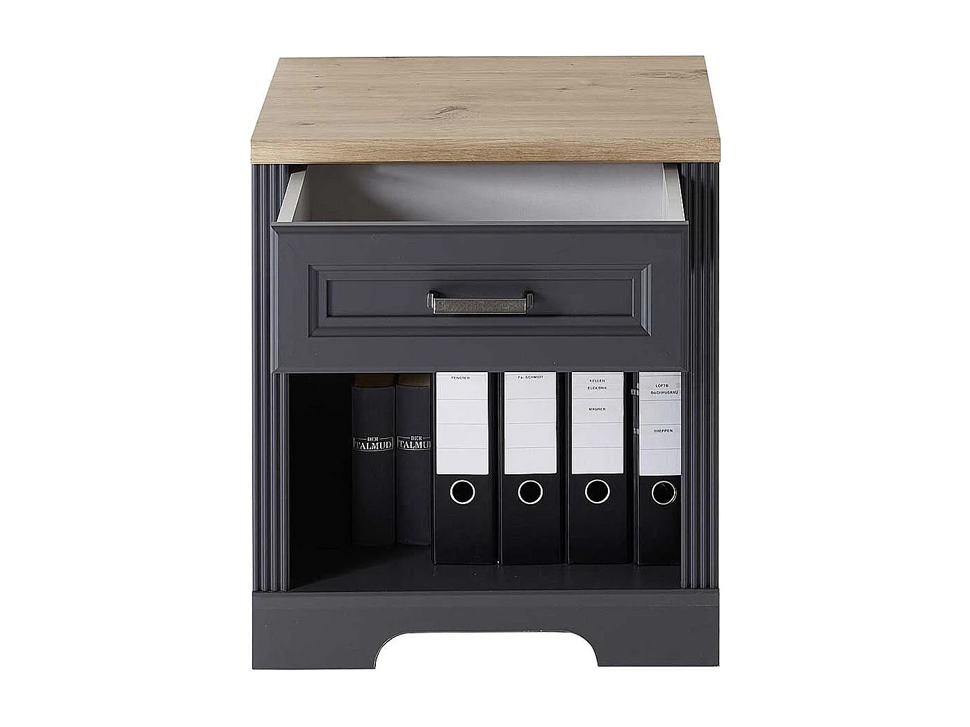 Bürorollcontainer in Dunkelgrau & Eichefarben Schublade und Ordnerfach