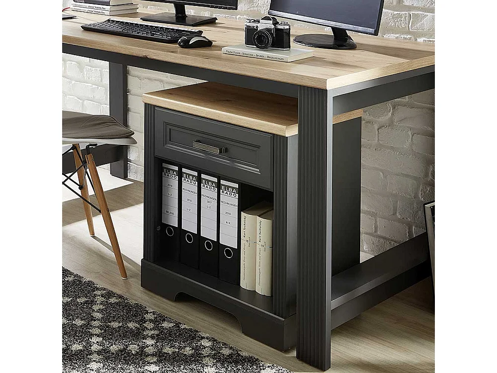 Bürorollcontainer in Dunkelgrau & Eichefarben Schublade und Ordnerfach