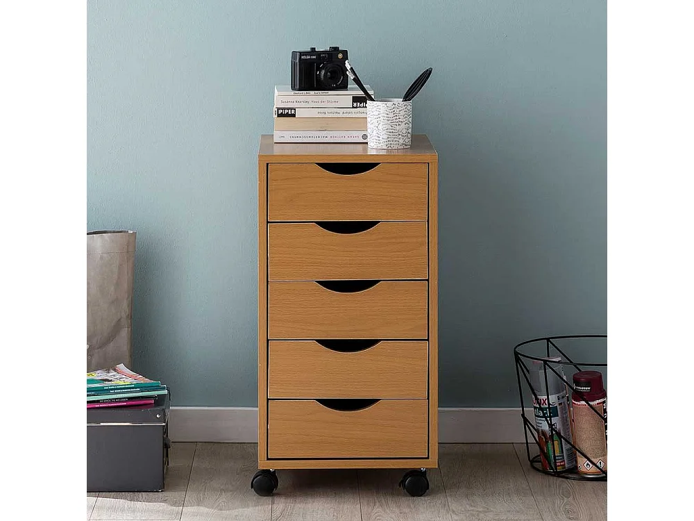 Hoher Rollcontainer in Buche Holzoptik fünf Schubladen