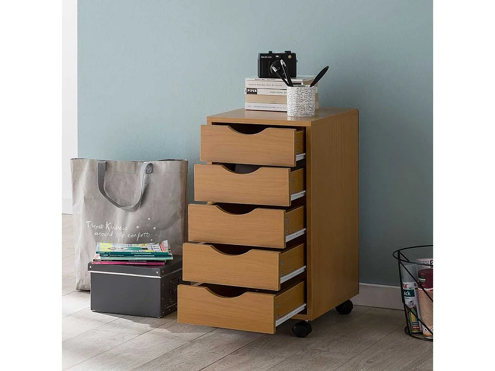 Hoher Rollcontainer in Buche Holzoptik fünf Schubladen