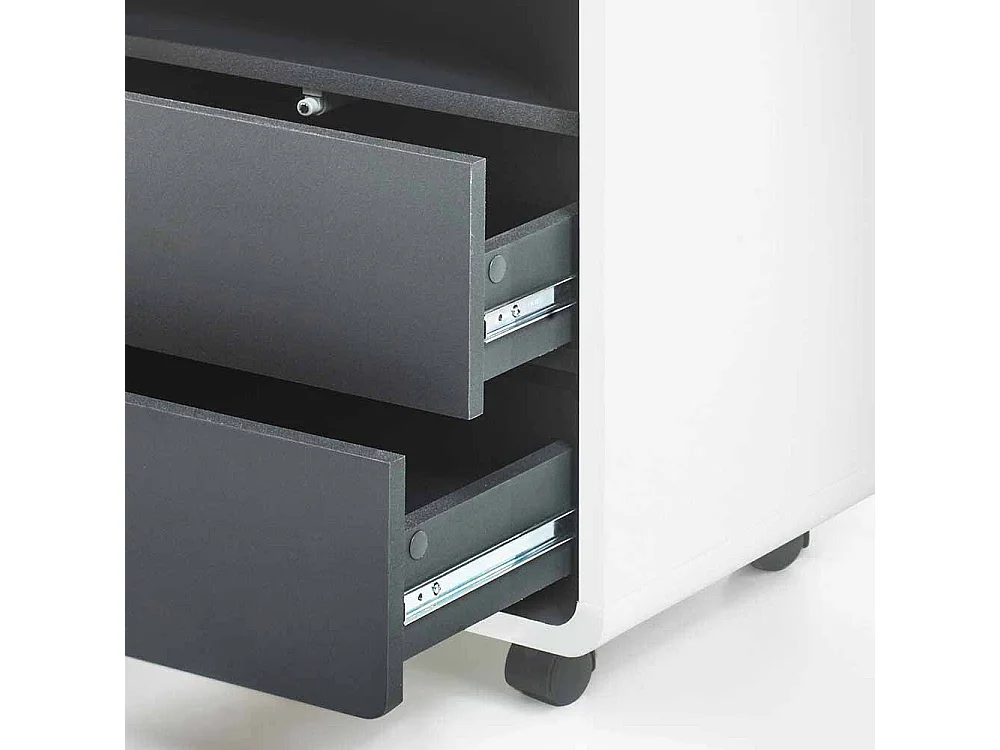 Schreibtisch Rollcontainer in Weiß Anthrazit mit offenem Fach