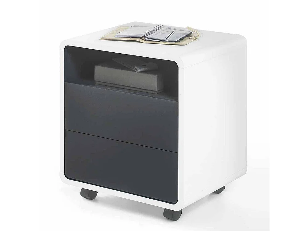 Schreibtisch Rollcontainer in Weiß Anthrazit mit offenem Fach