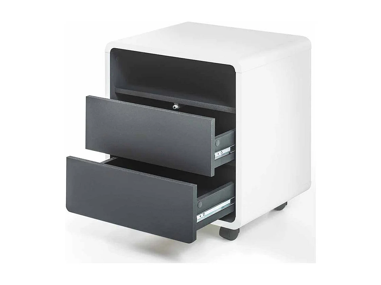 Schreibtisch Rollcontainer in Weiß Anthrazit mit offenem Fach