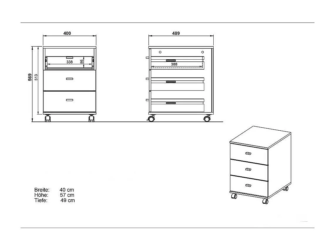 Rollcontainer in Weiß Eichefarben