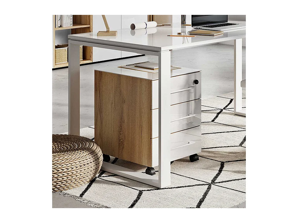 Schreibtischrollcontainer in Weiß und Wildeiche Optik Glas beschichtet