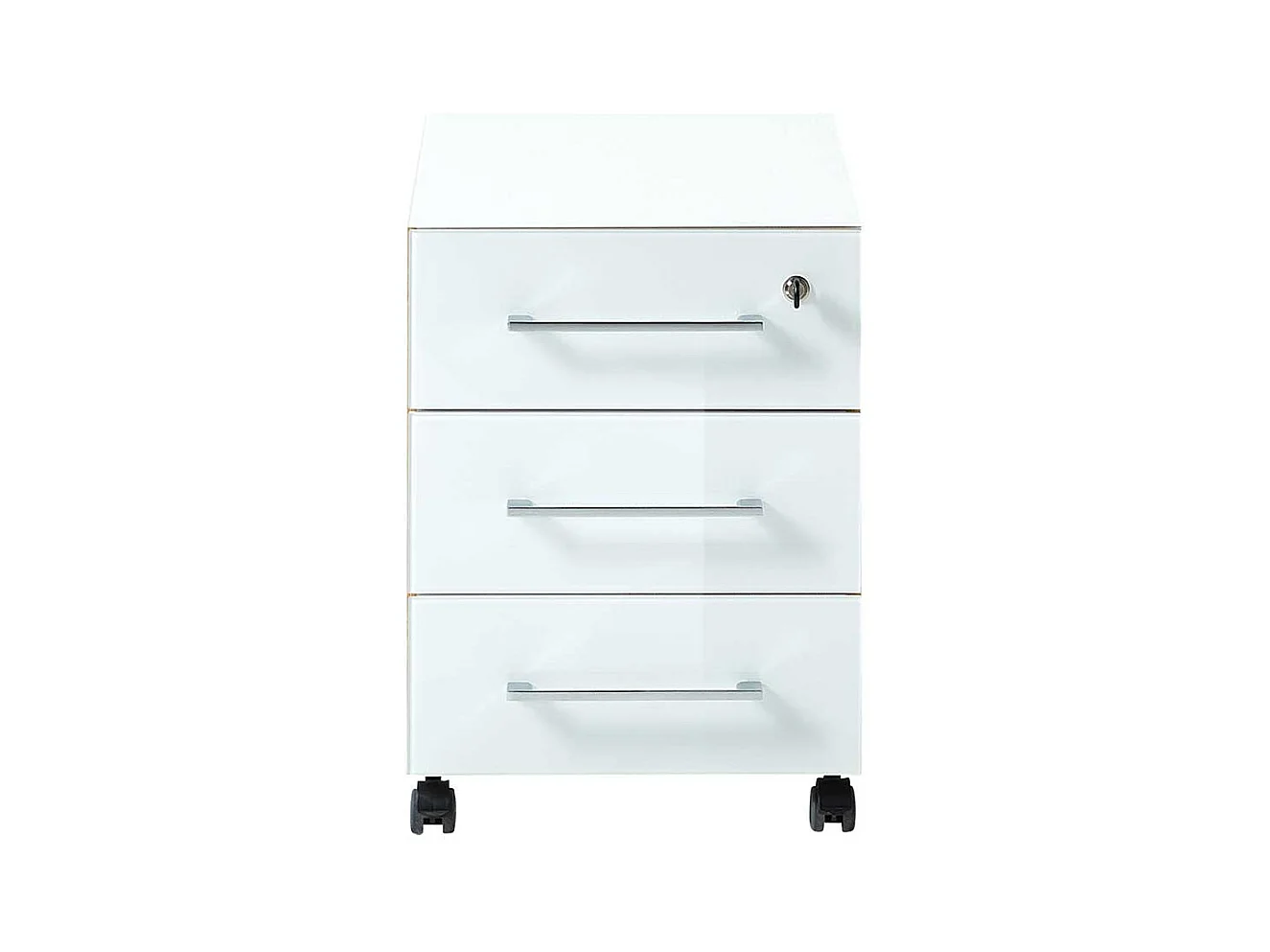 Schreibtischrollcontainer in Weiß und Wildeiche Optik Glas beschichtet