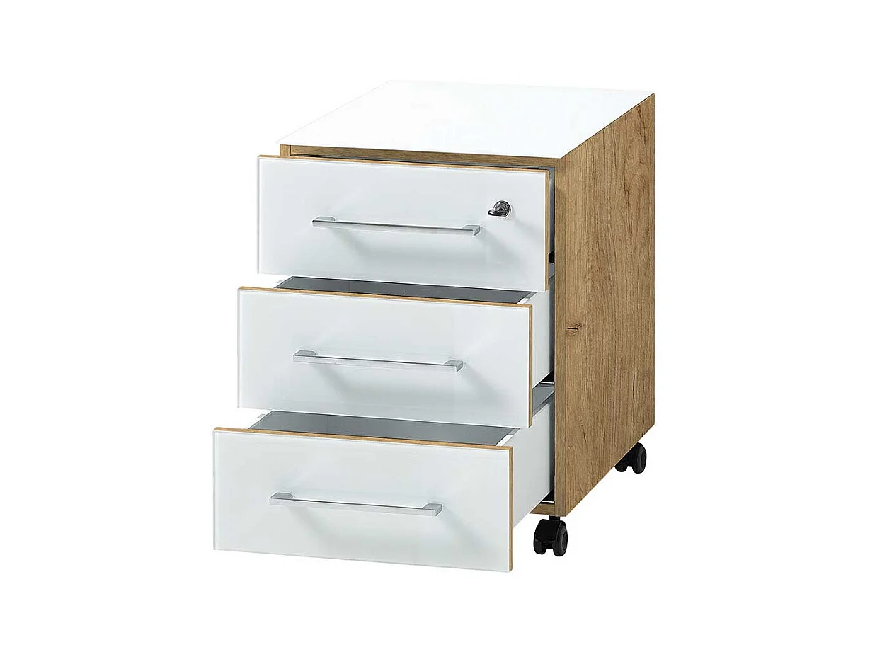 Schreibtischrollcontainer in Weiß und Wildeiche Optik Glas beschichtet