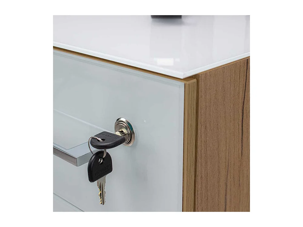 Schreibtischrollcontainer in Weiß und Wildeiche Optik Glas beschichtet