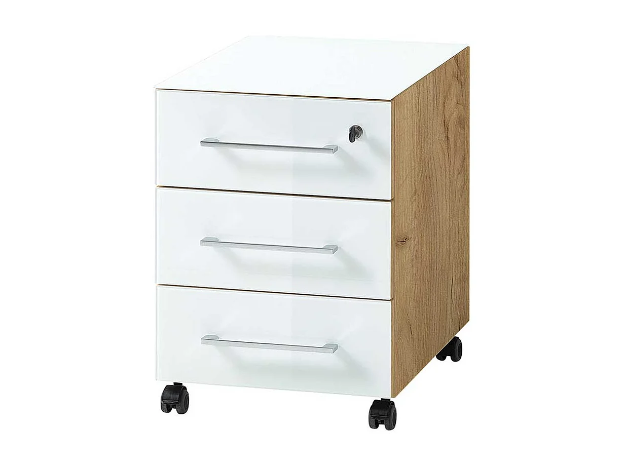 Schreibtischrollcontainer in Weiß und Wildeiche Optik Glas beschichtet