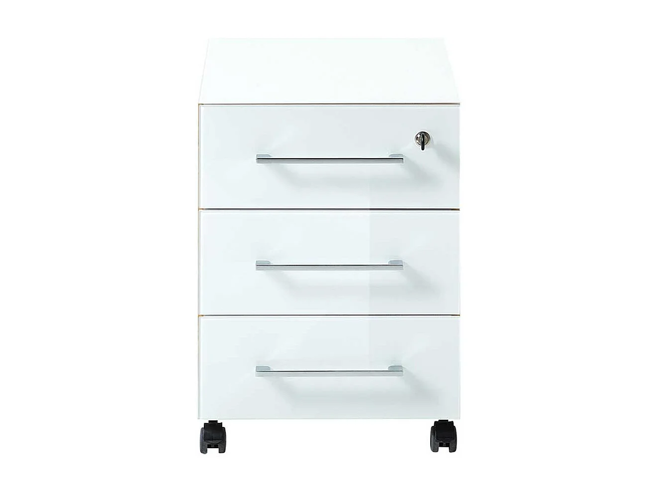 Schreibtischrollcontainer in Weiß und Wildeiche Optik Glas beschichtet