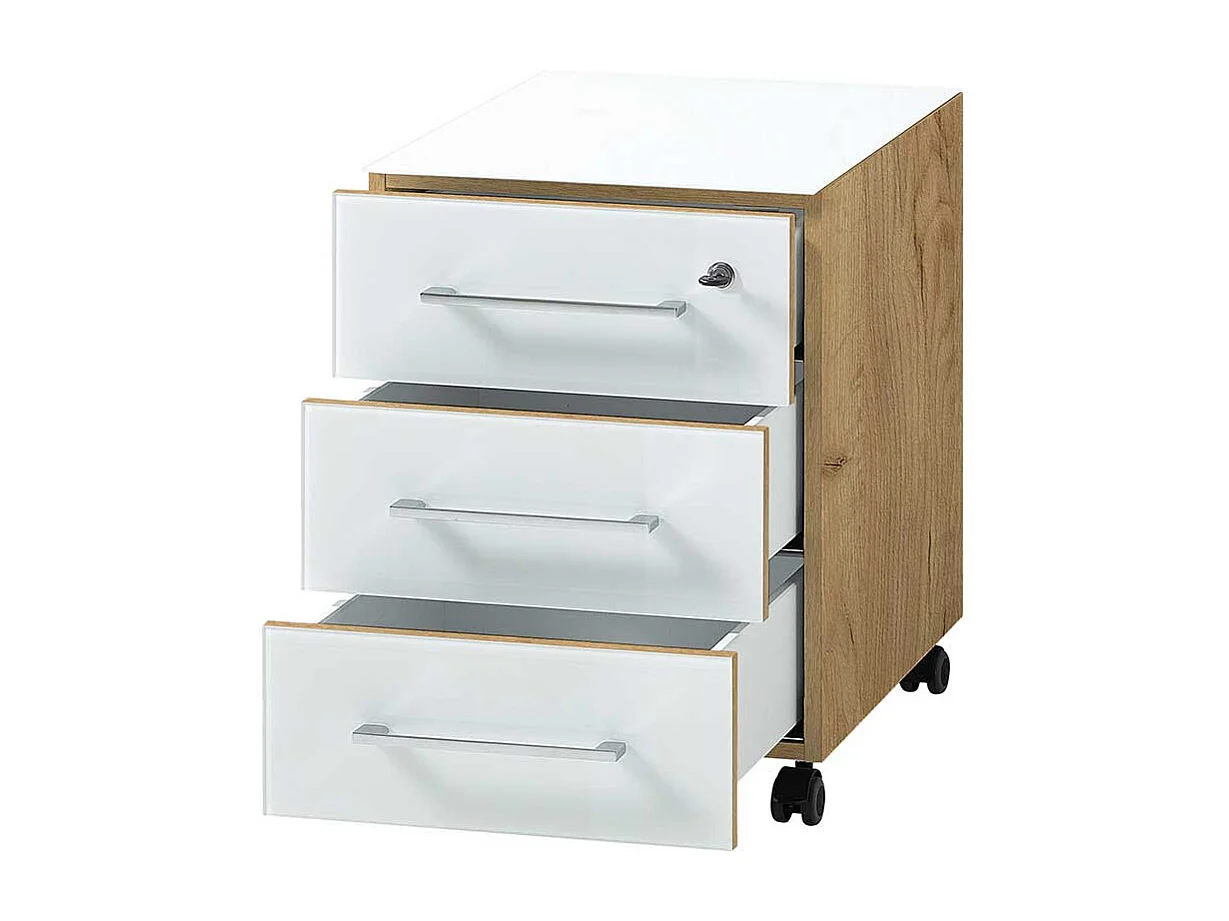Schreibtischrollcontainer in Weiß und Wildeiche Optik Glas beschichtet