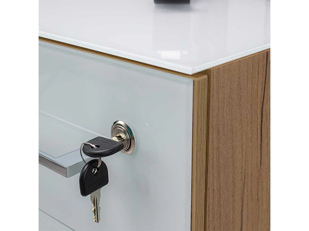 Schreibtischrollcontainer in Weiß und Wildeiche Optik Glas beschichtet