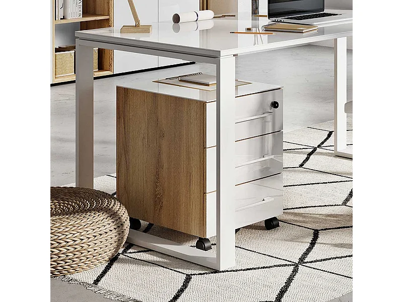 Schreibtischrollcontainer in Weiß und Wildeiche Optik Glas beschichtet