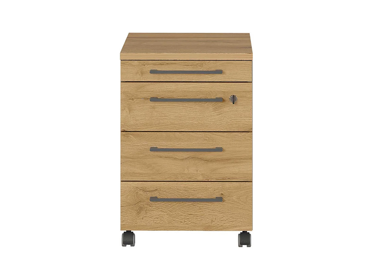 Schreibtischrollcontainer in Wildeichefarben und Dunkelgrau abschließbar