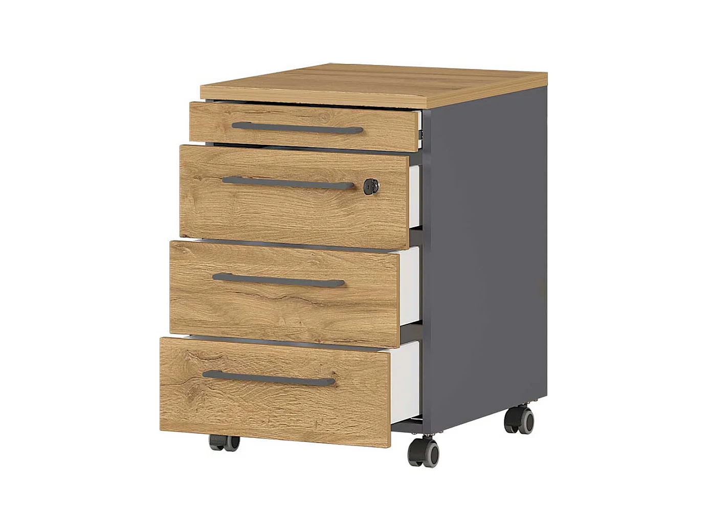 Schreibtischrollcontainer in Wildeichefarben und Dunkelgrau abschließbar