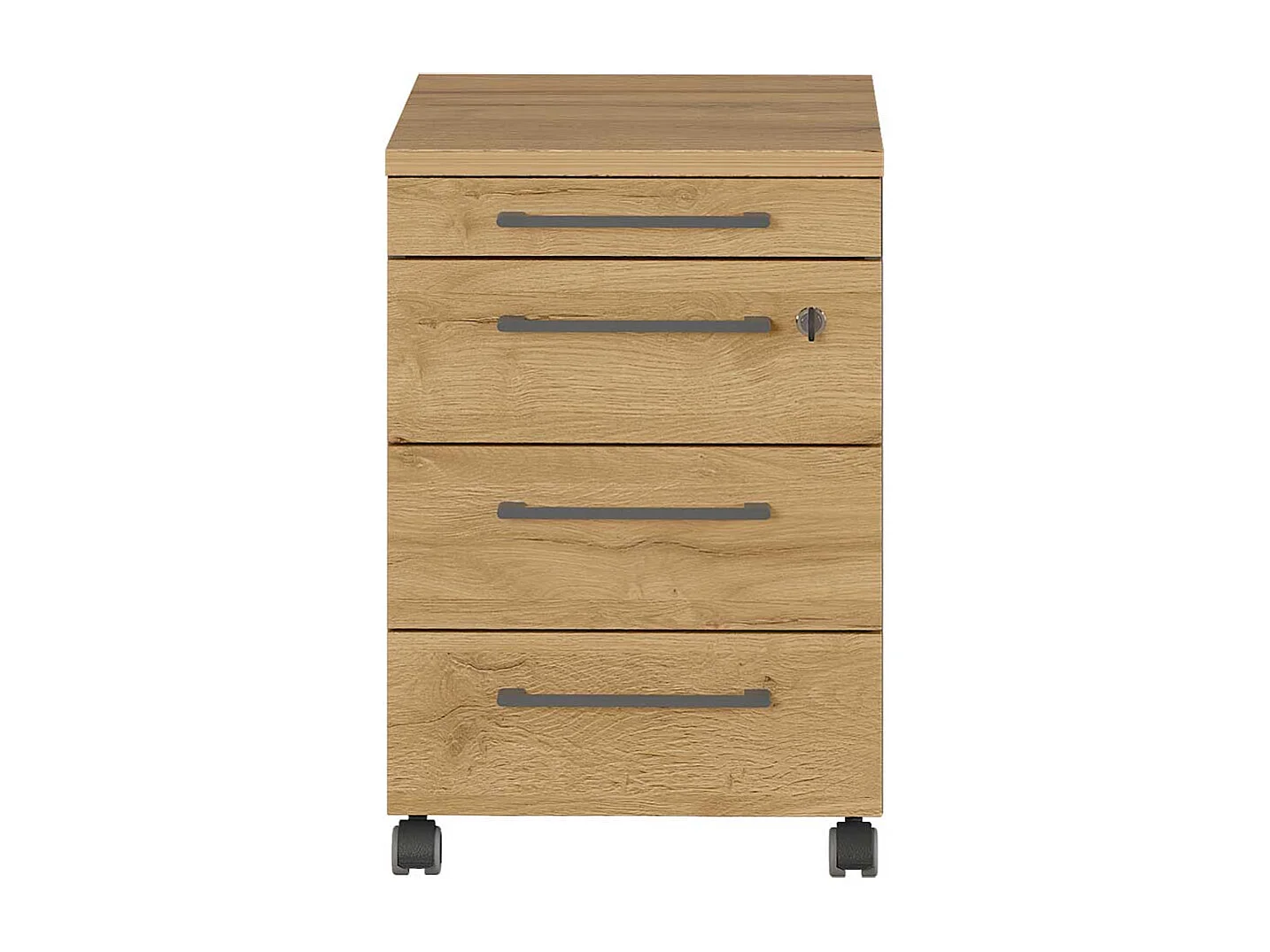 Schreibtischrollcontainer in Wildeichefarben und Dunkelgrau abschließbar