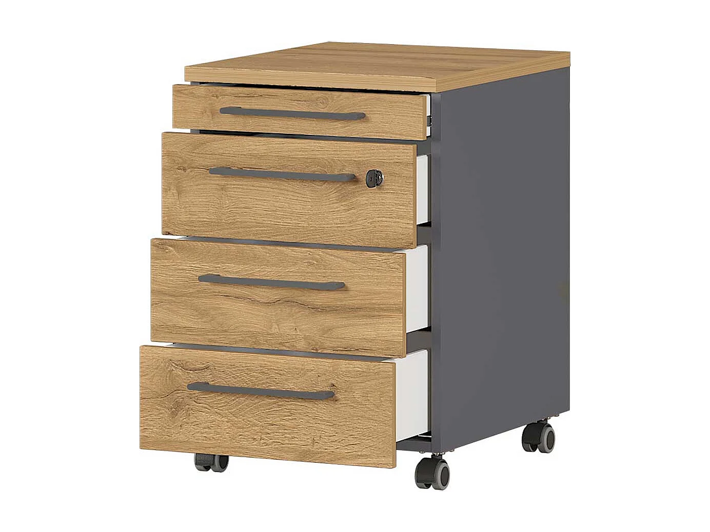 Schreibtischrollcontainer in Wildeichefarben und Dunkelgrau abschließbar