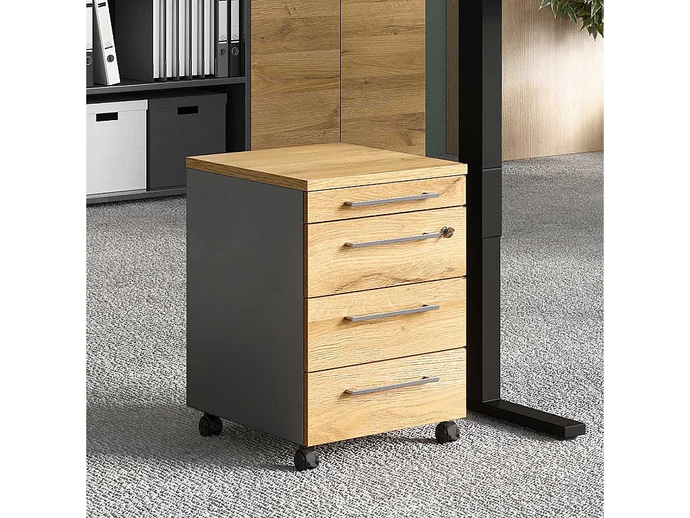 Schreibtischrollcontainer in Wildeichefarben und Dunkelgrau abschließbar