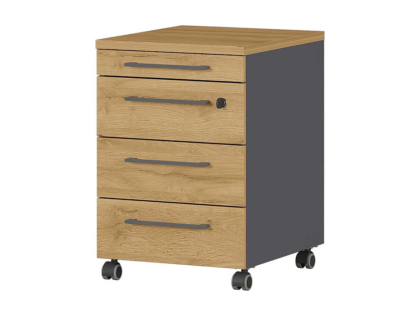Schreibtischrollcontainer in Wildeichefarben und Dunkelgrau abschließbar