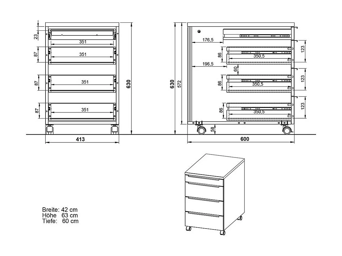 Rollcontainer Schreibtischcontainer mit vier Schubladen mit Metallgriffen