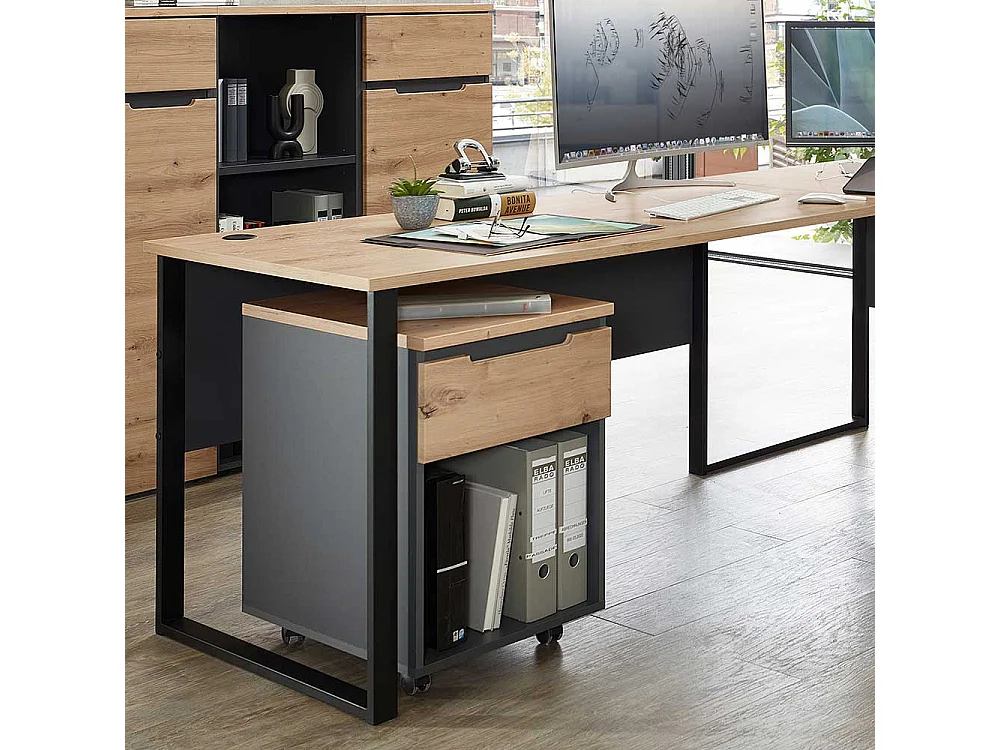 Rollcontainer mit Schublade in Dunkelgrau Wildeichefarben