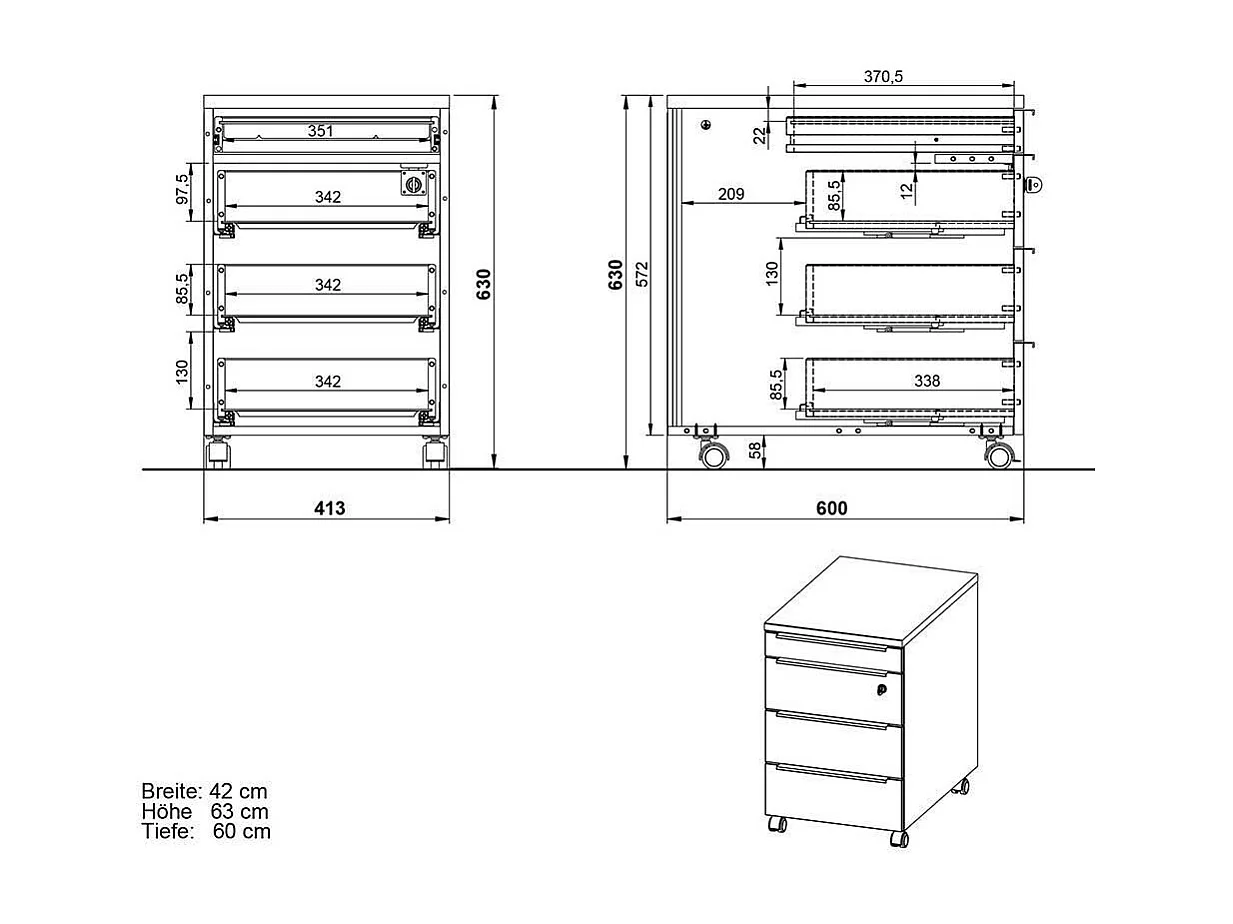 Rollcontainer Schreibtischcontainer abschließbar - Made in Germany