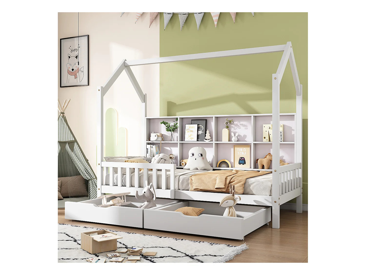 Lit cabane enfant blanc 90x200cm avec 2 tiroirs, compartiments de rangement, sans matelas