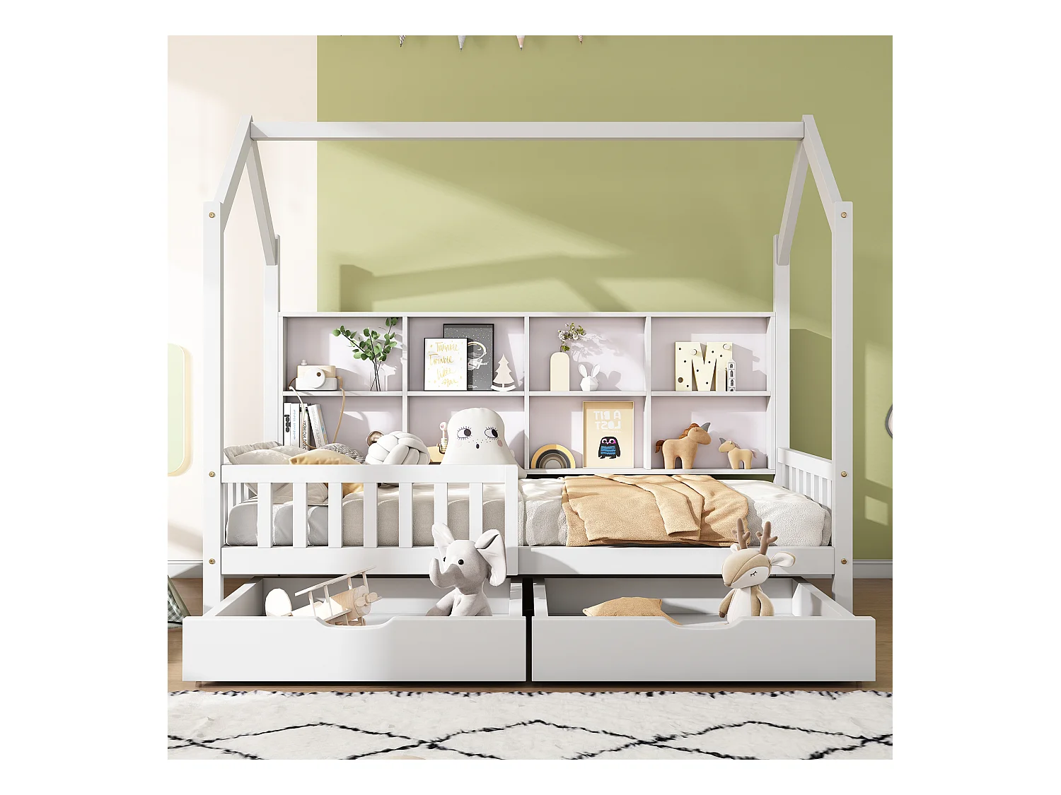 Lit cabane enfant blanc 90x200cm avec 2 tiroirs, compartiments de rangement, sans matelas