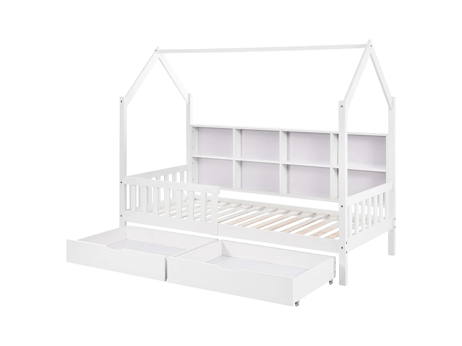 Lit cabane enfant blanc 90x200cm avec 2 tiroirs, compartiments de rangement, sans matelas