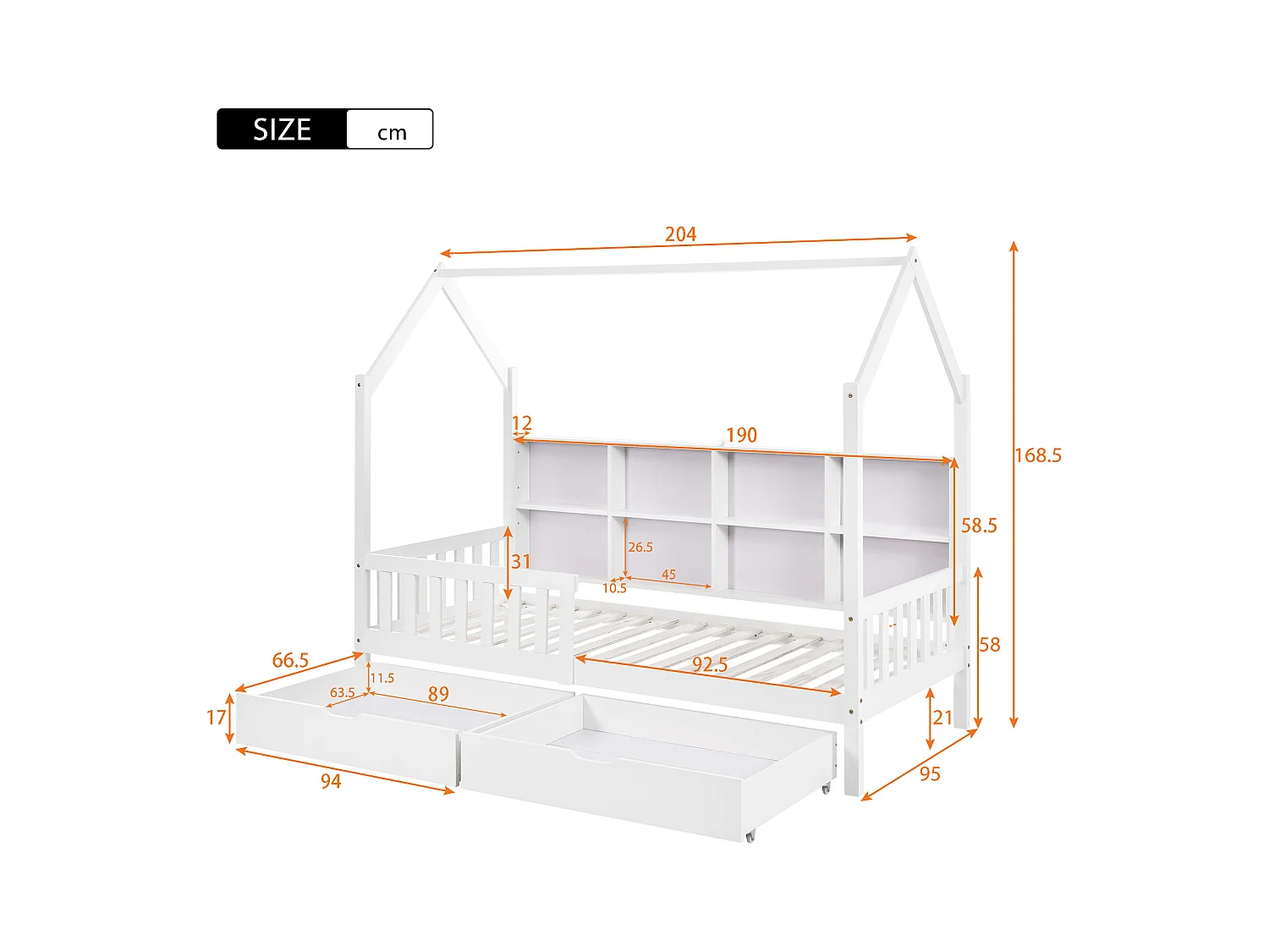 Lit cabane enfant blanc 90x200cm avec 2 tiroirs, compartiments de rangement, sans matelas