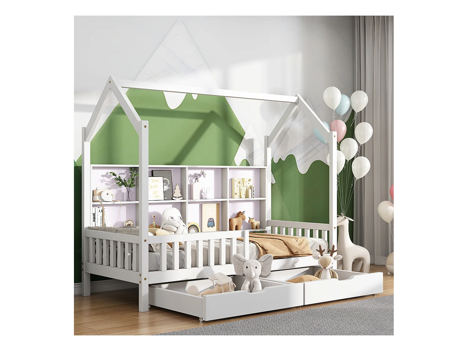 Lit cabane enfant blanc 90x200cm avec 2 tiroirs, compartiments de rangement, sans matelas