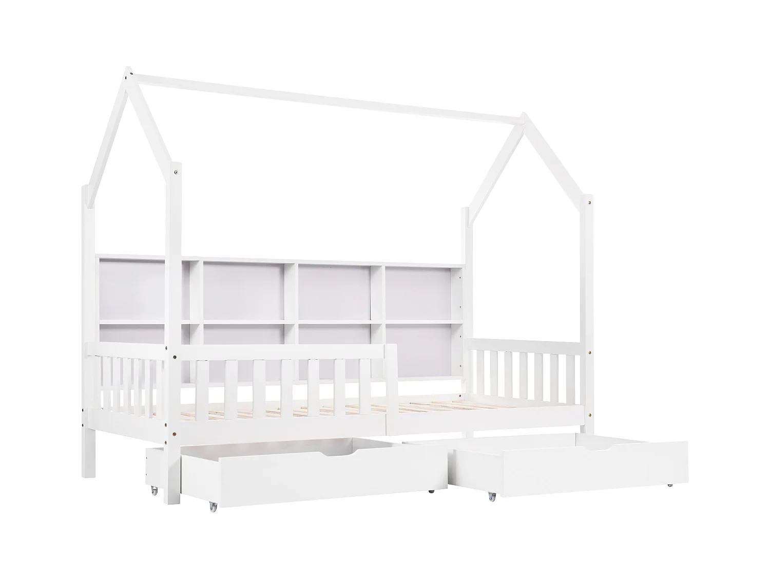 Lit cabane enfant blanc 90x200cm avec 2 tiroirs, compartiments de rangement, sans matelas