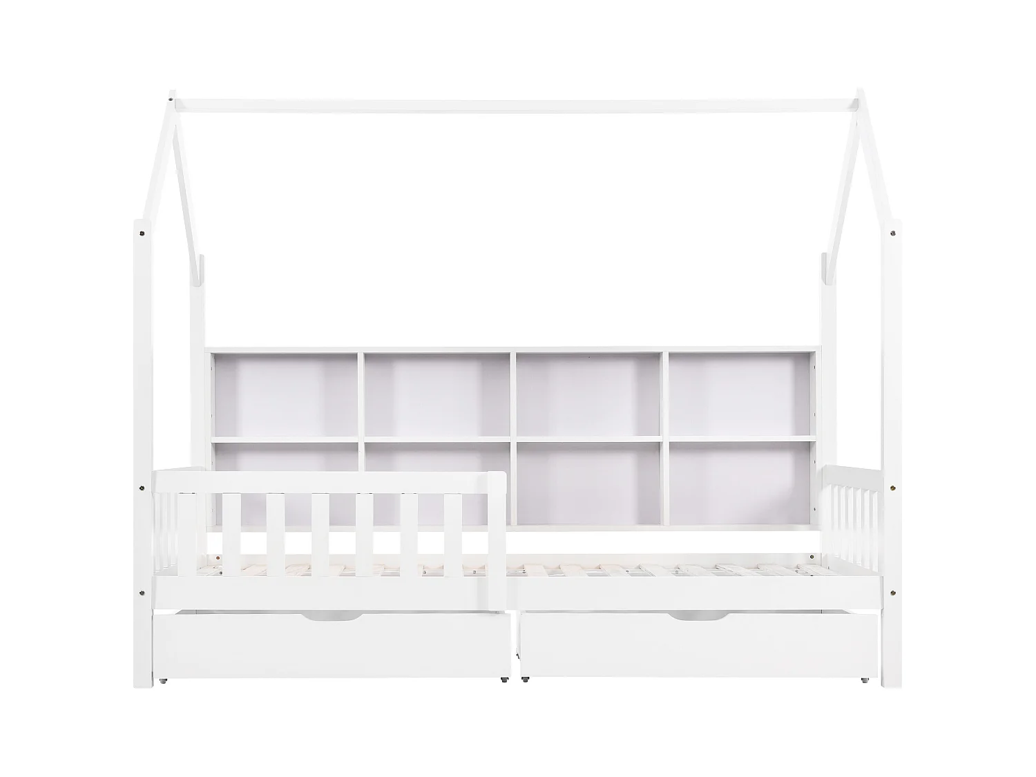 Lit cabane enfant blanc 90x200cm avec 2 tiroirs, compartiments de rangement, sans matelas