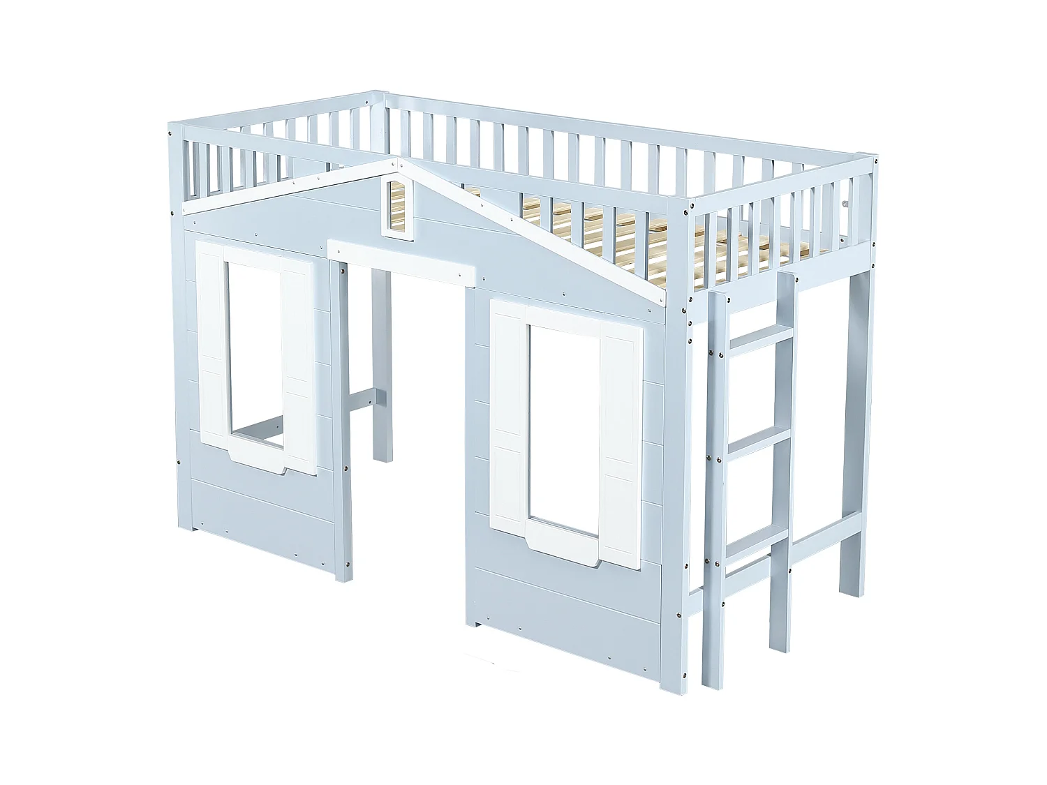 Lit mezzanine enfant bleu et blanc 90x200cm avec échelle et barrière de sécurité, design fenêtre, pin + MDF