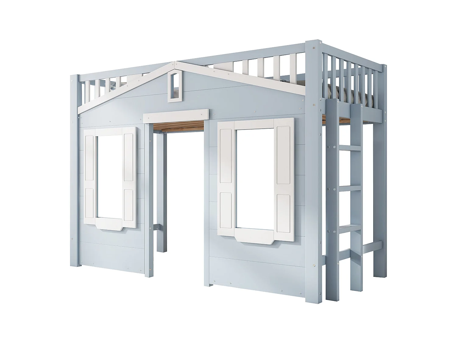 Lit mezzanine enfant bleu et blanc 90x200cm avec échelle et barrière de sécurité, design fenêtre, pin + MDF