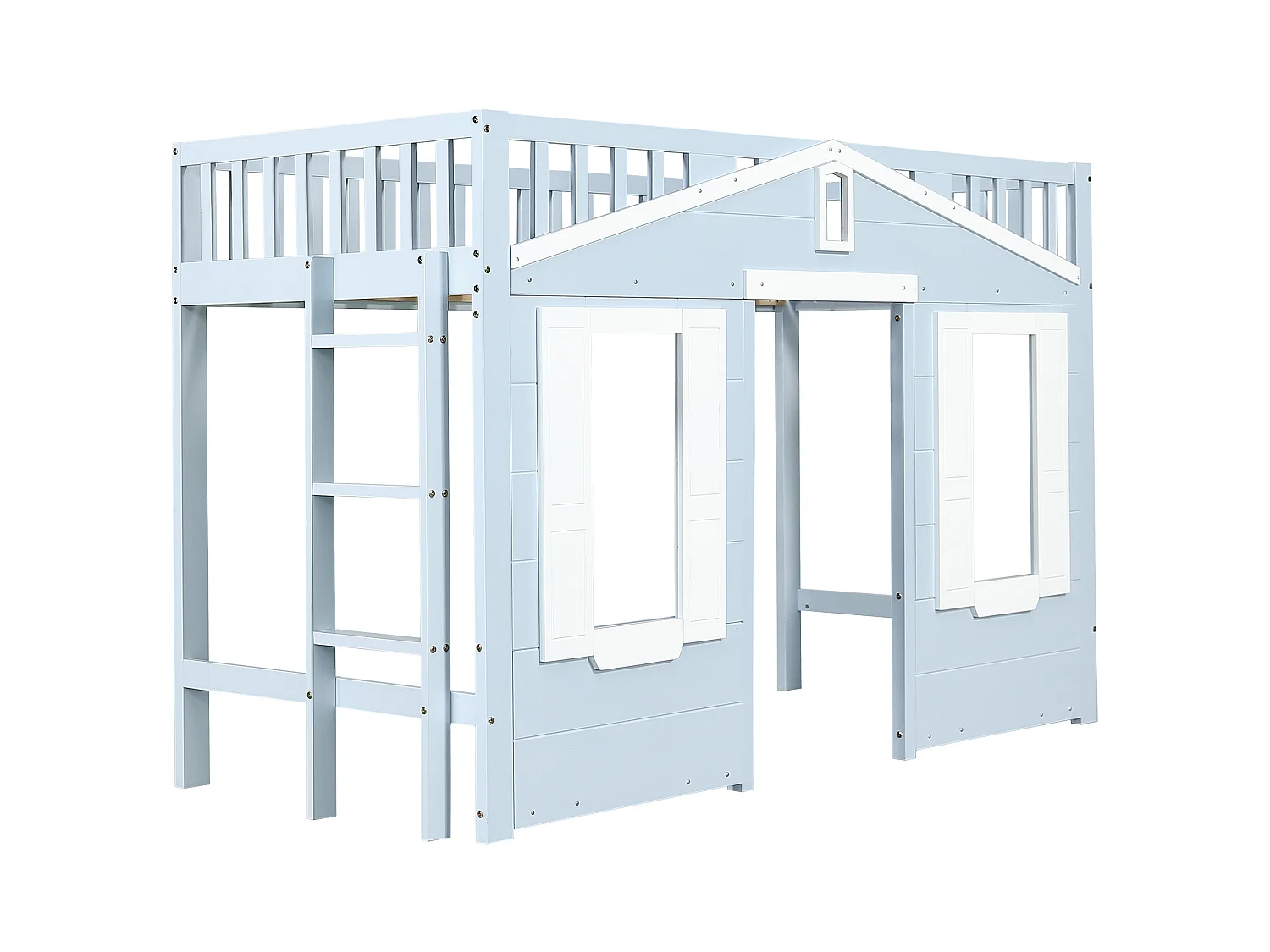 Lit mezzanine enfant bleu et blanc 90x200cm avec échelle et barrière de sécurité, design fenêtre, pin + MDF