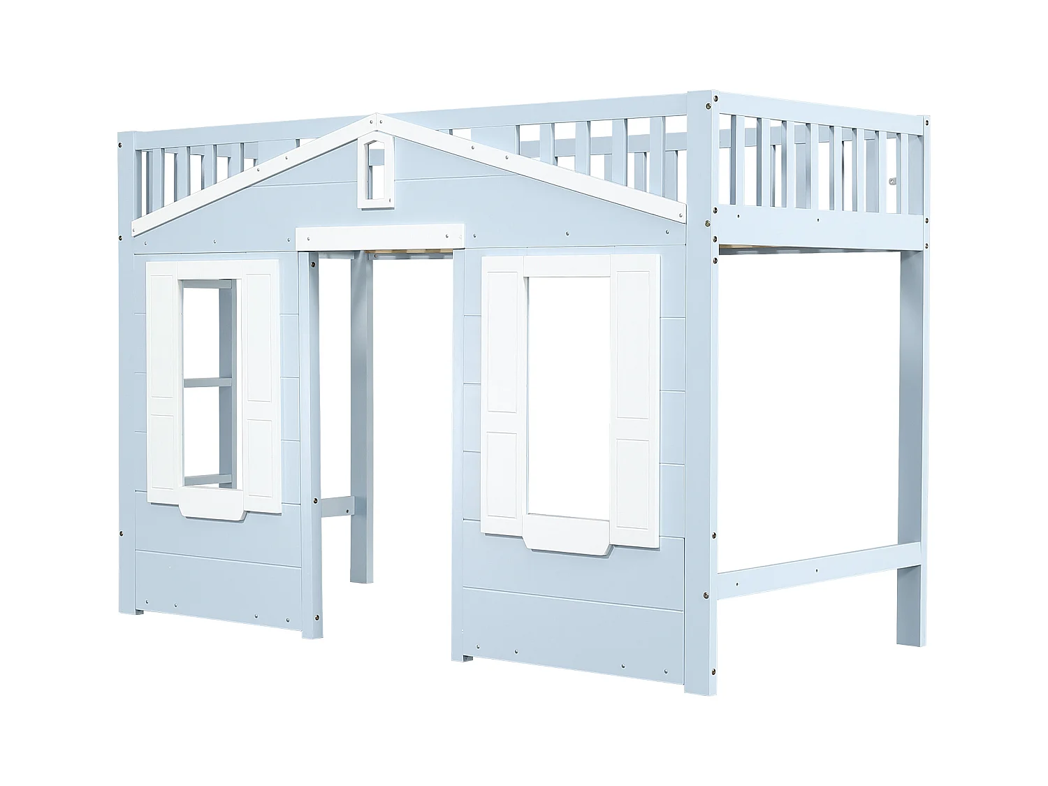 Lit mezzanine enfant bleu et blanc 90x200cm avec échelle et barrière de sécurité, design fenêtre, pin + MDF