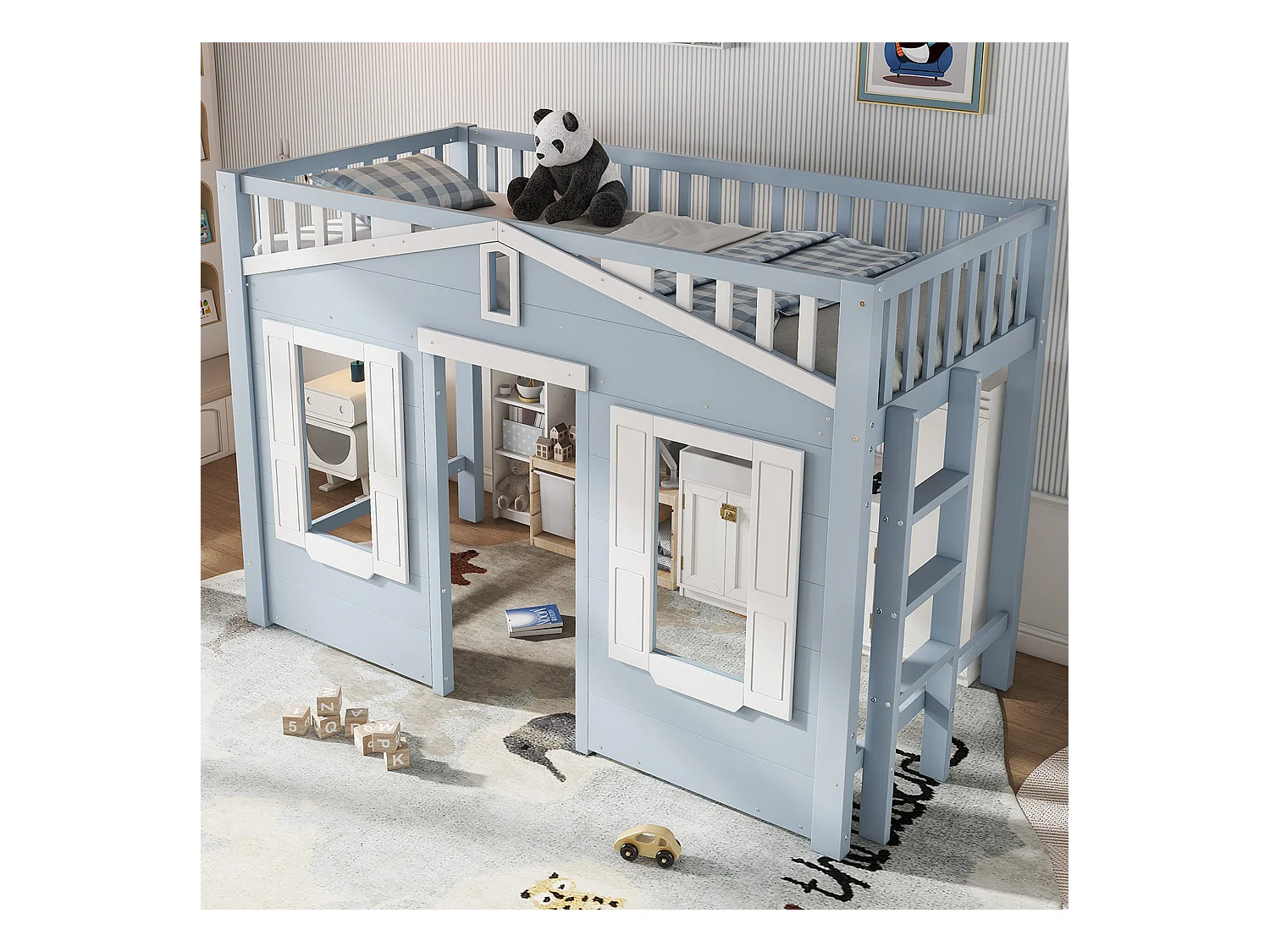Cama alta infantil azul y blanca de 90x200cm con escalera y barrera de seguridad, diseño de ventana, pino + MDF