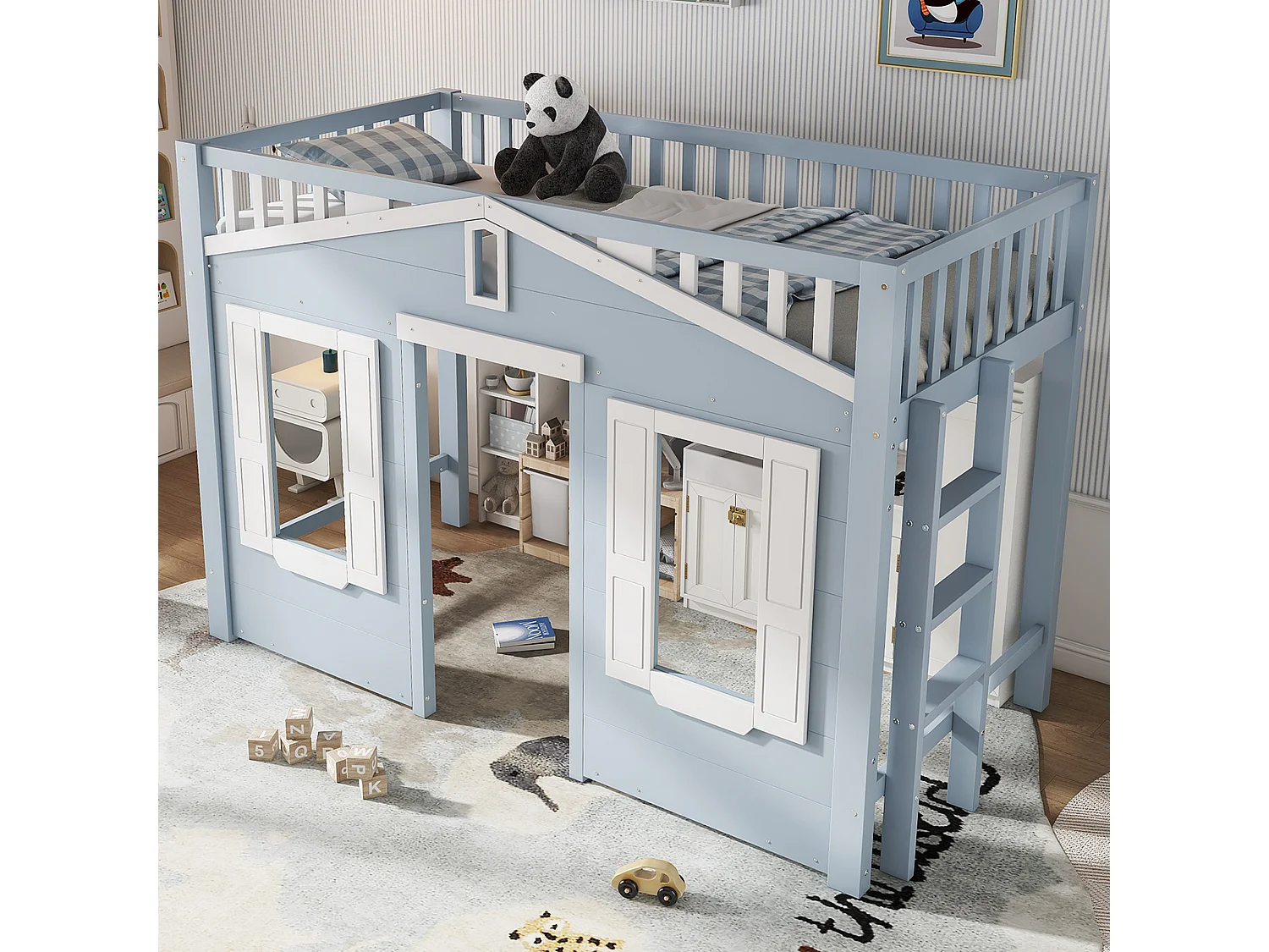 Blauw-witte kinderhoogslaper 90x200cm met ladder en veiligheidshekje, raamdesign, grenen + MDF