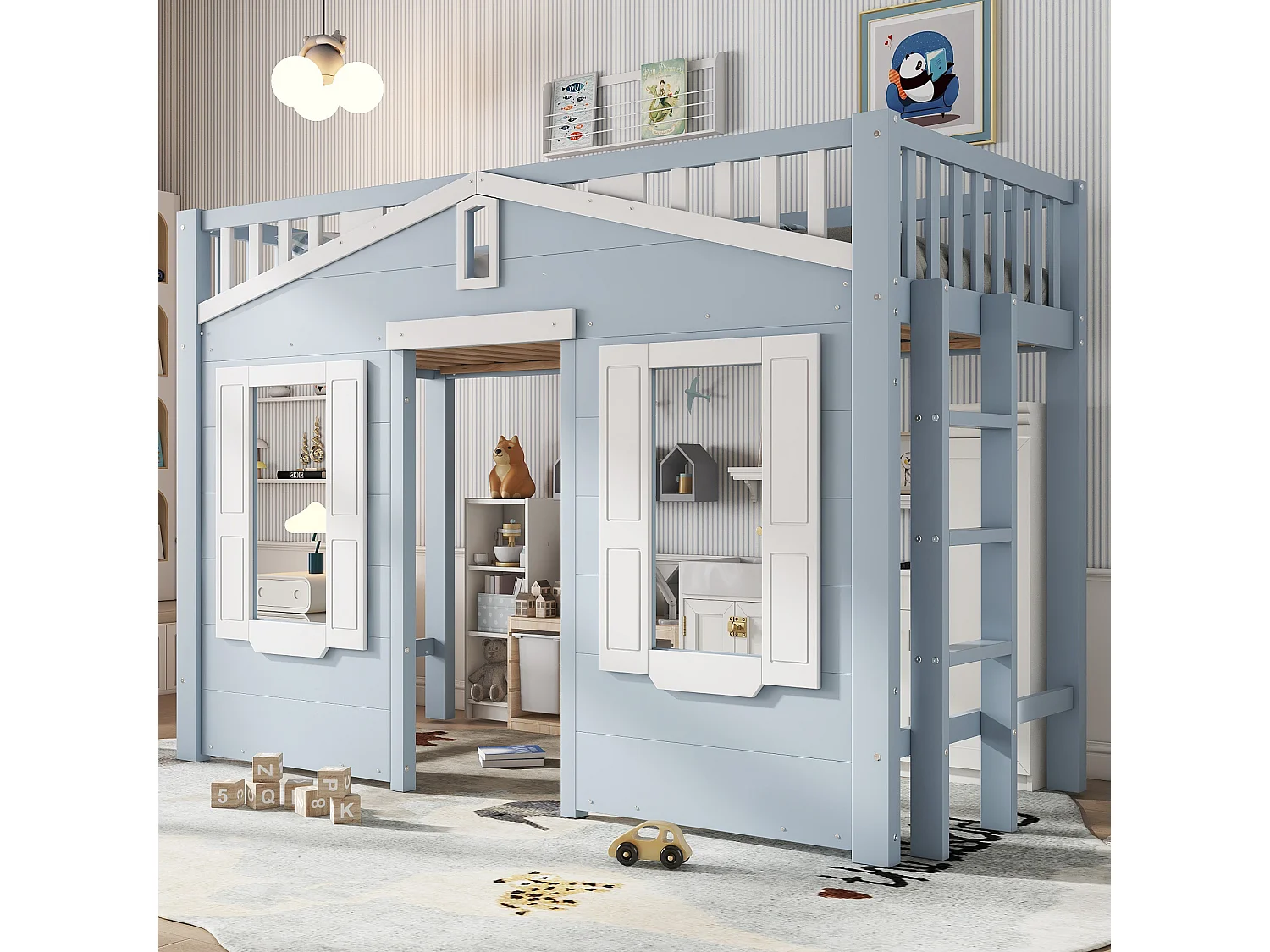 Blauw-witte kinderhoogslaper 90x200cm met ladder en veiligheidshekje, raamdesign, grenen + MDF