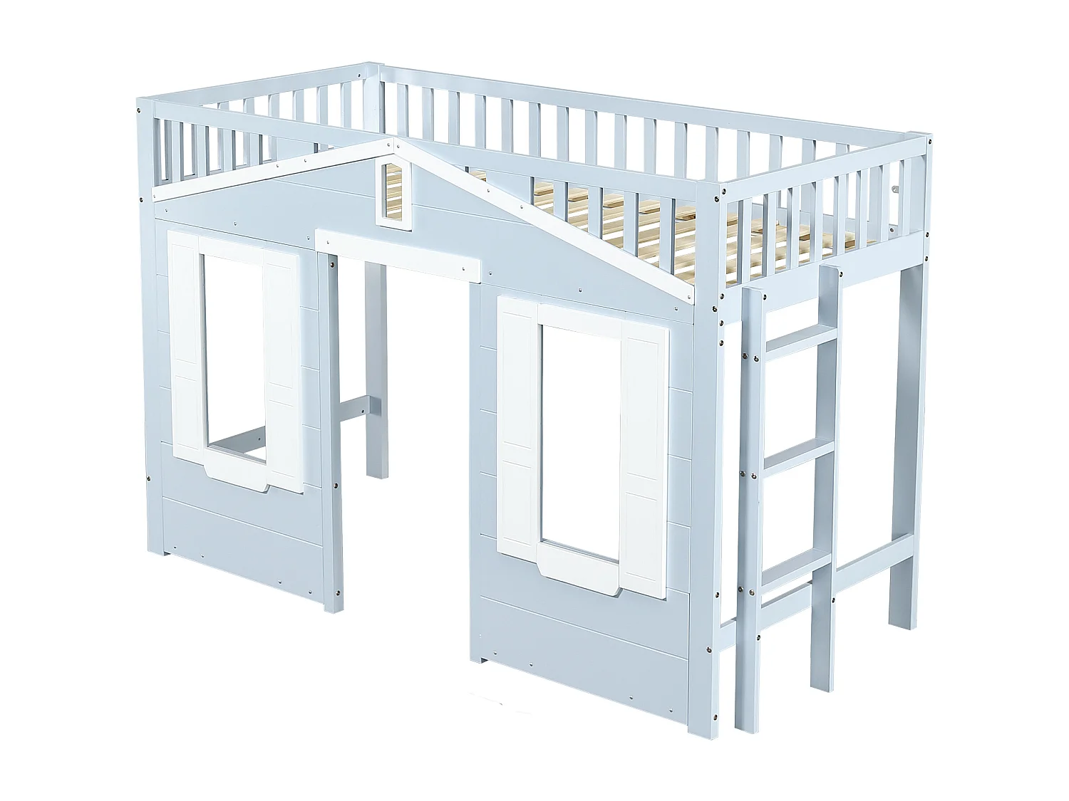 Blauw-witte kinderhoogslaper 90x200cm met ladder en veiligheidshekje, raamdesign, grenen + MDF